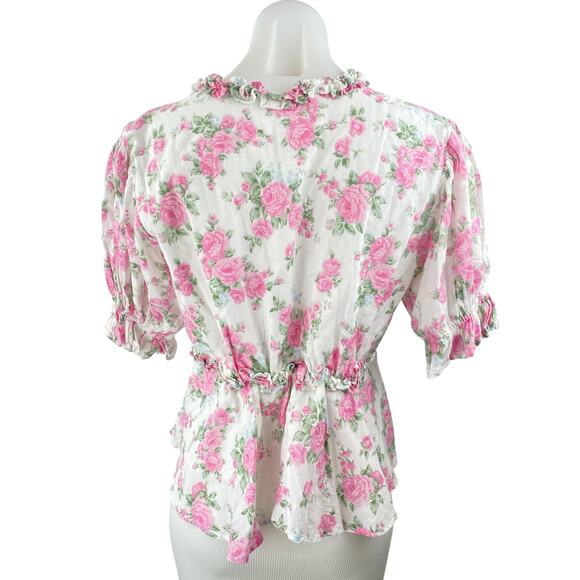 Mable Multicolor Floral Short Puff Sleeve Ruffle V Neck Peplum Blouse Top Size M - Picture 2 of 4